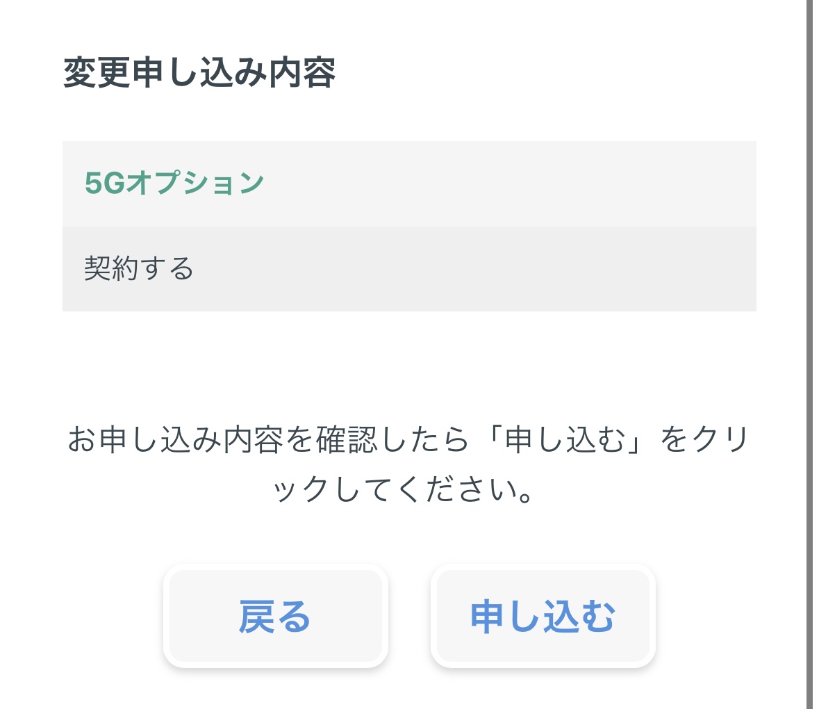 日本通信SIM5Gオプション申込確認画面